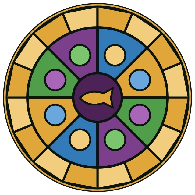 Round chapel window in moss, plum, river blue and honey glass with a golden bass at the centre