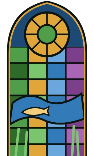 Tall chapel window in moss, plum and honey glass with a bass swimming in a blue creek